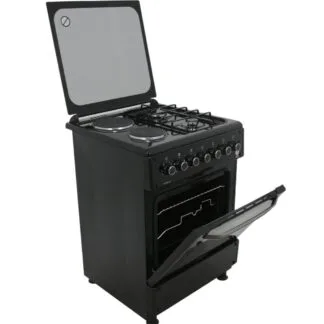 IQRA 60x60cm Cooker, 2 Gas Burners and 2 Hotplates, Auto Ignition, Black, Electric Oven and Grill, Rotisserie, IQ-FC6221-BLK