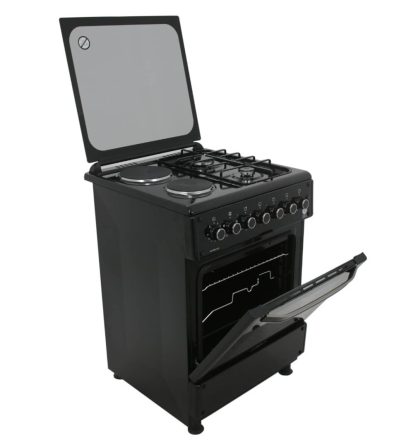 IQRA 60x60cm Cooker, 2 Gas Burners and 2 Hotplates, Auto Ignition, Black, Electric Oven and Grill, Rotisserie, IQ-FC6221-BLK