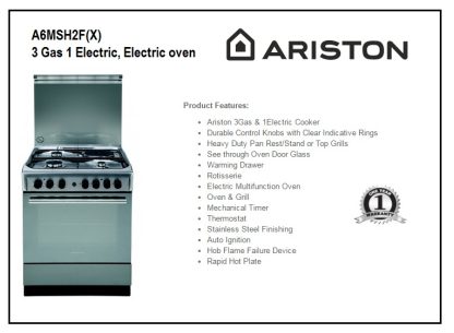 Ariston Cooker 3 Gas + 1 Electric w/ Electric Oven & Grill, Rotisserie, A6MSH2F(X)