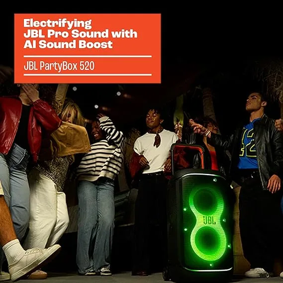 JBL PartyBox 520 - Portable Battery-Powered Party Speaker with AI Sound Boost, Up to 15 Hours of Play time, IPX4 Splash Proof, Multi-Speaker Connection by Auracast, and Telescopic Handle (Black) - Image 8