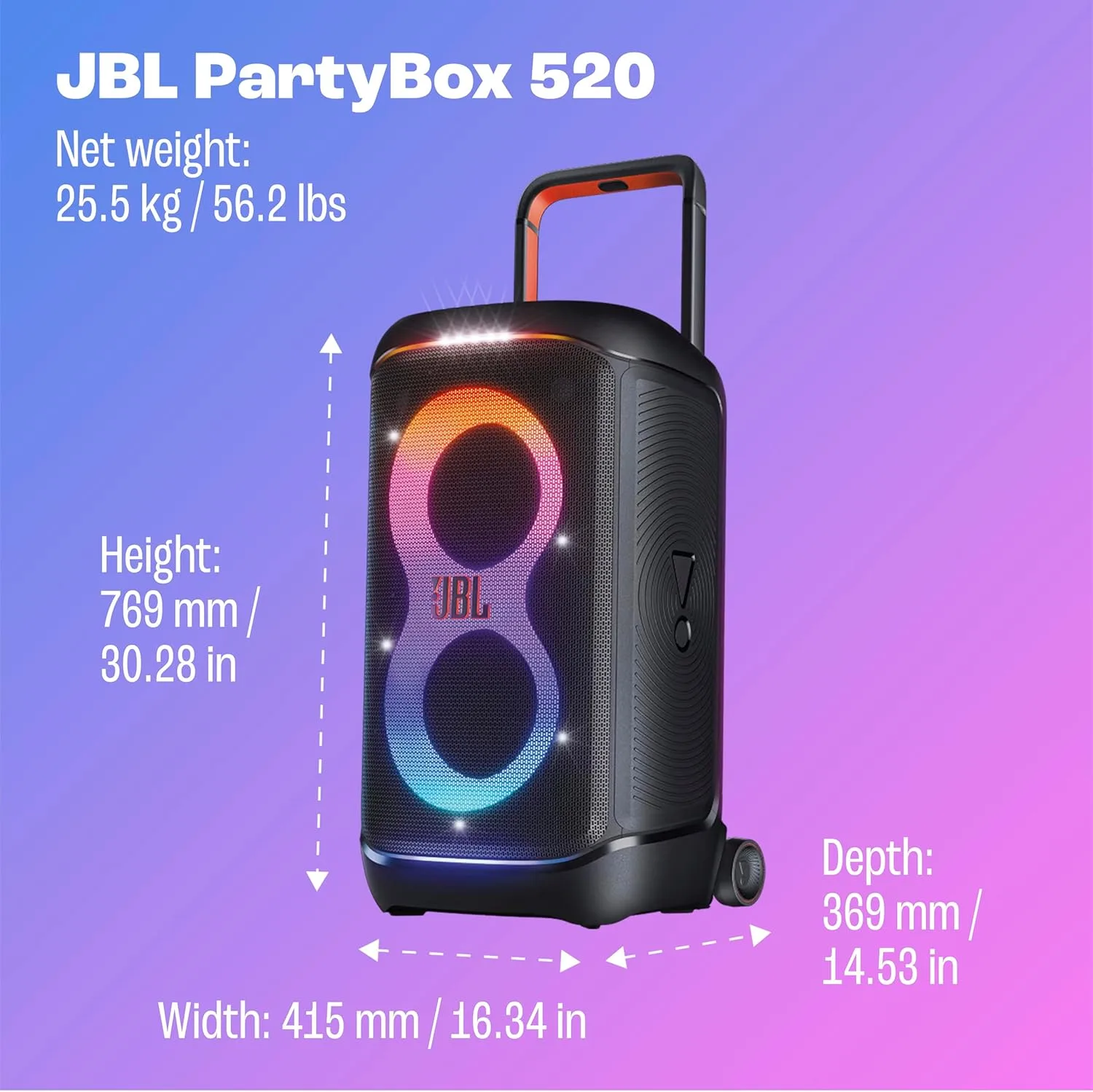 JBL PartyBox 520 - Portable Battery-Powered Party Speaker with AI Sound Boost, Up to 15 Hours of Play time, IPX4 Splash Proof, Multi-Speaker Connection by Auracast, and Telescopic Handle (Black) - Image 4