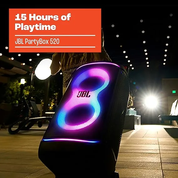 JBL PartyBox 520 - Portable Battery-Powered Party Speaker with AI Sound Boost, Up to 15 Hours of Play time, IPX4 Splash Proof, Multi-Speaker Connection by Auracast, and Telescopic Handle (Black) - Image 6