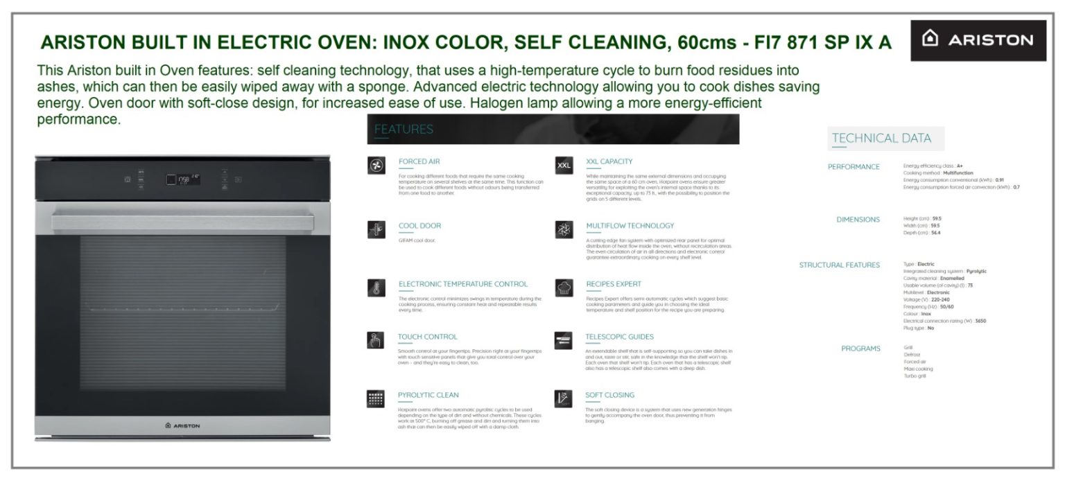 Buy Ariston 60cm Builtin Electric Oven, Self Cleaning, 60°250°, 73