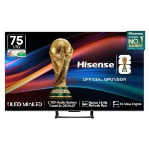 Hisense 4K QLED Mini-LED Smart TV | 900 NITS Peak Brightness | 144Hz Game Mode | Dolby Vision IQ, Dolby Atmos | 2.1 CH 40W Speakers (Built-in Subwoofer) | VIDAA OS | 75U7Q (Black)