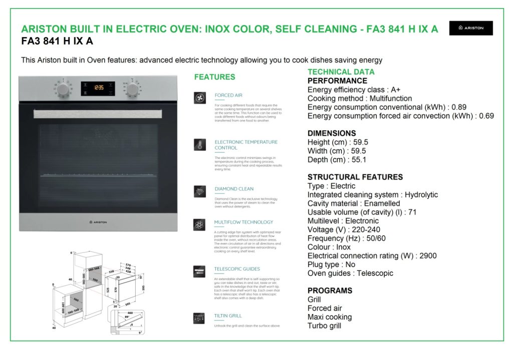 Buy Ariston Builtin Electric Oven 60cm, Oven Fan, Self Cleaning, 71
