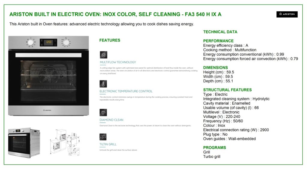 Buy Ariston Builtin Electric Oven 60cm, Oven Fan, Self Cleaning, 66