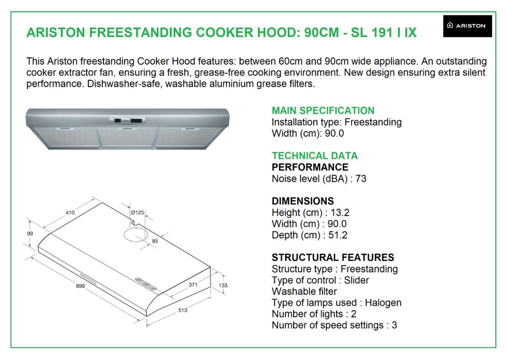 Buy Ariston Freestanding Cooker Hood 90cm w/ Builtin Carbon Filter