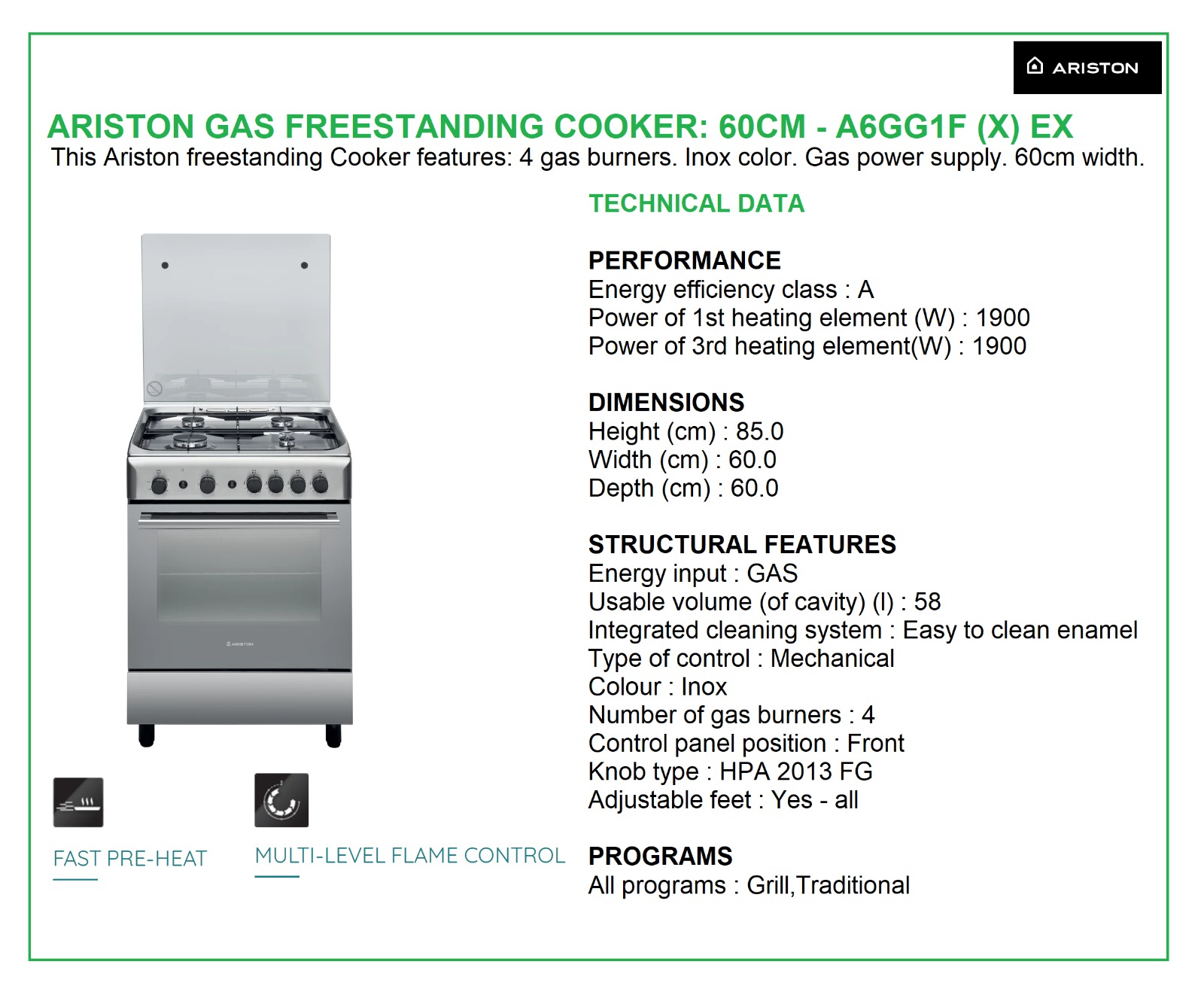 Buy Ariston 60cm Freestanding Gas Cooker, 4 Gas Burners, Gas Oven