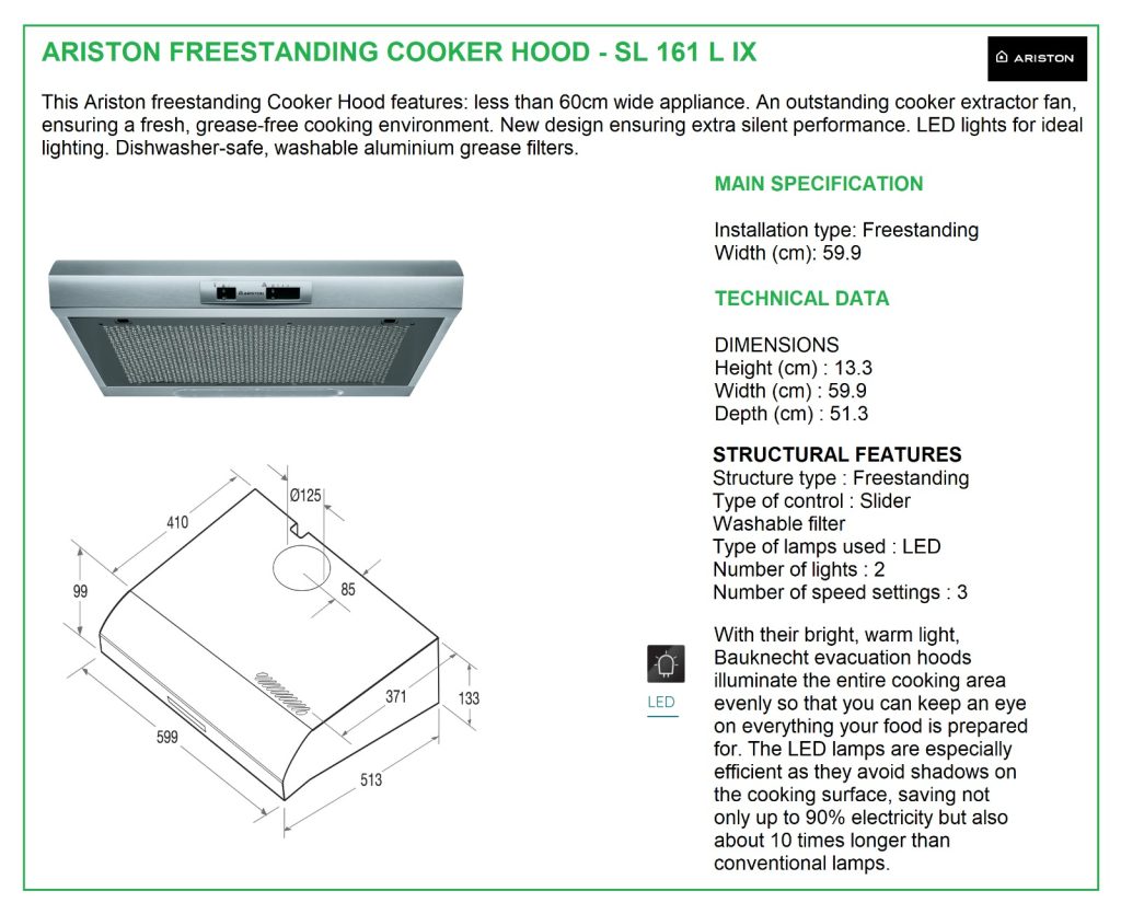 Buy Ariston Freestanding Cooker Hood 60cm w/ Builtin Carbon Filter, SL 161 L IX Range Hoods