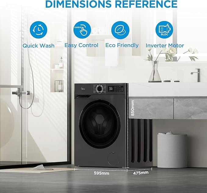 Midea 8KG Front Load Washing Machine With BLDC Inverter Motor, 1400 RPM, 15 Programs, Fully Automatic Washer With Lunar Dial, Integrated Digital Control-LED Display, Water Cube Drum - MF110W80B/T-GCC - Image 7