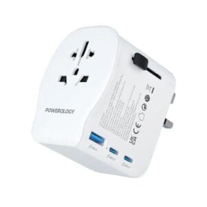 Powerology Universal Travel Adapter 2300W with GaN Fast Charging, 45W USB-C, Multi-Country Plug – White