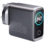 Powerology Voltflow GaN Wall Charger PD 140W – Single USB-A + Triple USB-C Ports, AI Temperature Control, TFT Smart Display – Gray