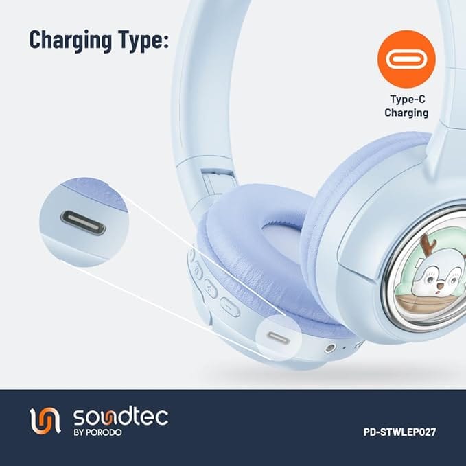 Porodo Soundtec Moose Wireless Kids Headphones with LED Lights, Up to 20 Hours Play Time, 400mAh Battery, USB-C Charging Port, Unique & Beautiful Moose Design, Comfort Cushions for Kids - Image 5