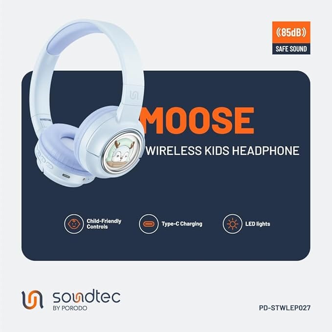 Porodo Soundtec Moose Wireless Kids Headphones with LED Lights, Up to 20 Hours Play Time, 400mAh Battery, USB-C Charging Port, Unique & Beautiful Moose Design, Comfort Cushions for Kids - Image 7