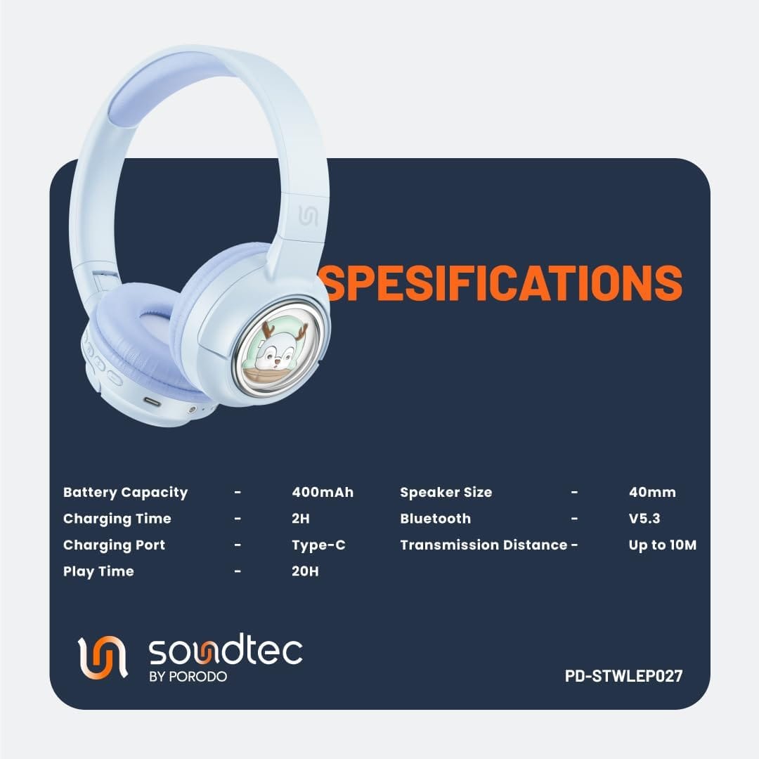 Porodo Soundtec Moose Wireless Kids Headphones with LED Lights, Up to 20 Hours Play Time, 400mAh Battery, USB-C Charging Port, Unique & Beautiful Moose Design, Comfort Cushions for Kids - Image 3