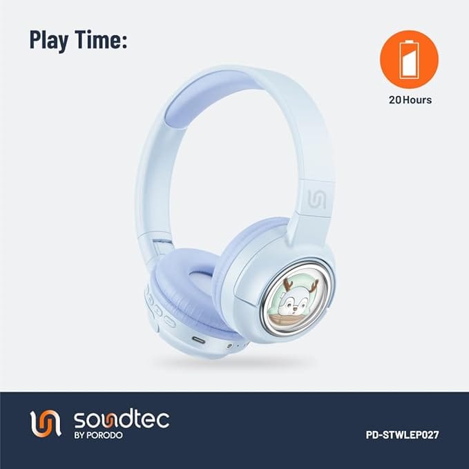 Porodo Soundtec Moose Wireless Kids Headphones with LED Lights, Up to 20 Hours Play Time, 400mAh Battery, USB-C Charging Port, Unique & Beautiful Moose Design, Comfort Cushions for Kids - Image 6