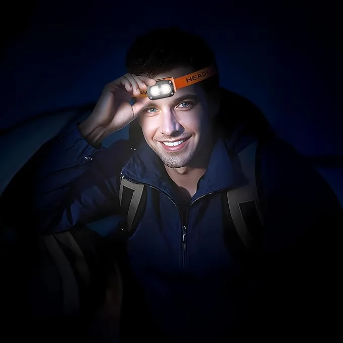 Porodo Wave-Sensor Rechargeable LED Head Lamp, 5×Lighting Modes, 150 Lumens, 6H Working Time, Hand Wave Control, Elastic Headband, Lightweight Head Flashlight for Cycling/Camping/Emergency – Orange - Image 6