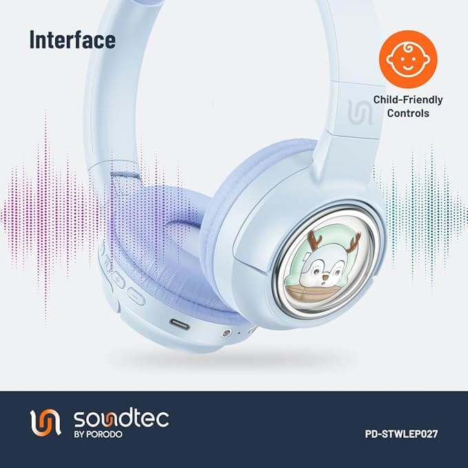 Porodo Soundtec Moose Wireless Kids Headphones with LED Lights, Up to 20 Hours Play Time, 400mAh Battery, USB-C Charging Port, Unique & Beautiful Moose Design, Comfort Cushions for Kids - Image 4