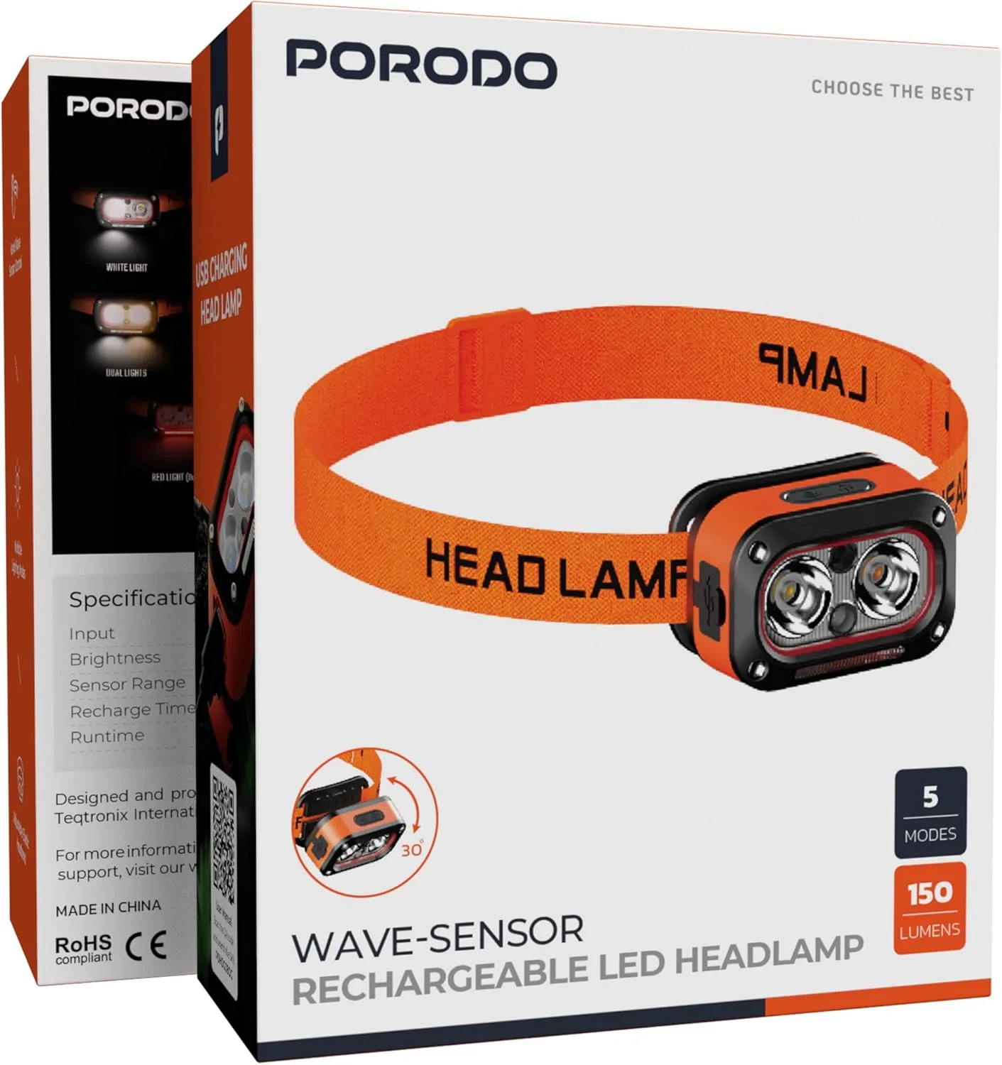 Porodo Wave-Sensor Rechargeable LED Head Lamp, 5×Lighting Modes, 150 Lumens, 6H Working Time, Hand Wave Control, Elastic Headband, Lightweight Head Flashlight for Cycling/Camping/Emergency – Orange - Image 2