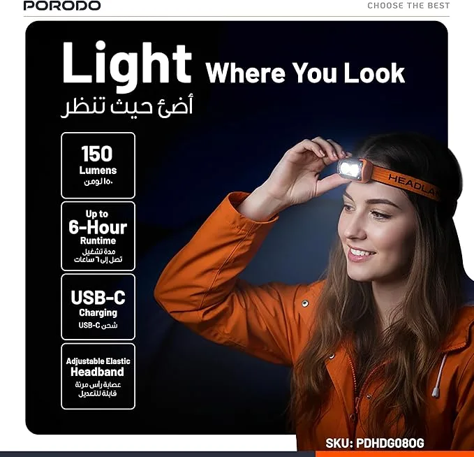 Porodo Wave-Sensor Rechargeable LED Head Lamp, 5×Lighting Modes, 150 Lumens, 6H Working Time, Hand Wave Control, Elastic Headband, Lightweight Head Flashlight for Cycling/Camping/Emergency – Orange - Image 10