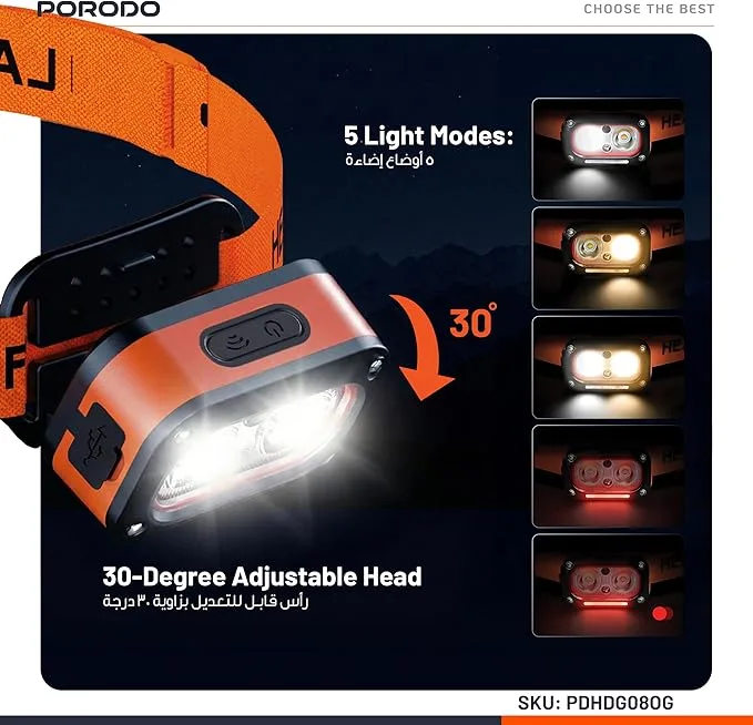 Porodo Wave-Sensor Rechargeable LED Head Lamp, 5×Lighting Modes, 150 Lumens, 6H Working Time, Hand Wave Control, Elastic Headband, Lightweight Head Flashlight for Cycling/Camping/Emergency – Orange - Image 8