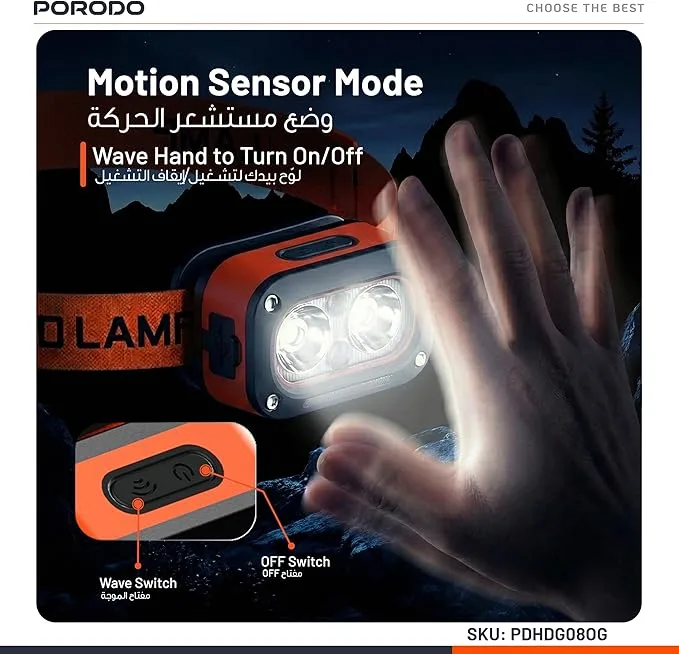Porodo Wave-Sensor Rechargeable LED Head Lamp, 5×Lighting Modes, 150 Lumens, 6H Working Time, Hand Wave Control, Elastic Headband, Lightweight Head Flashlight for Cycling/Camping/Emergency – Orange - Image 9
