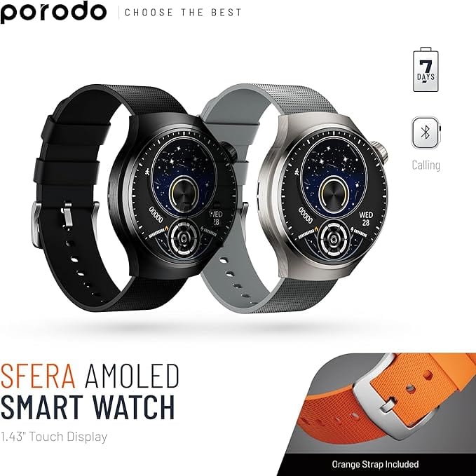 Porodo Smart Watch Sfera Round Titanium with Extra Orange Band - Silver - Image 6