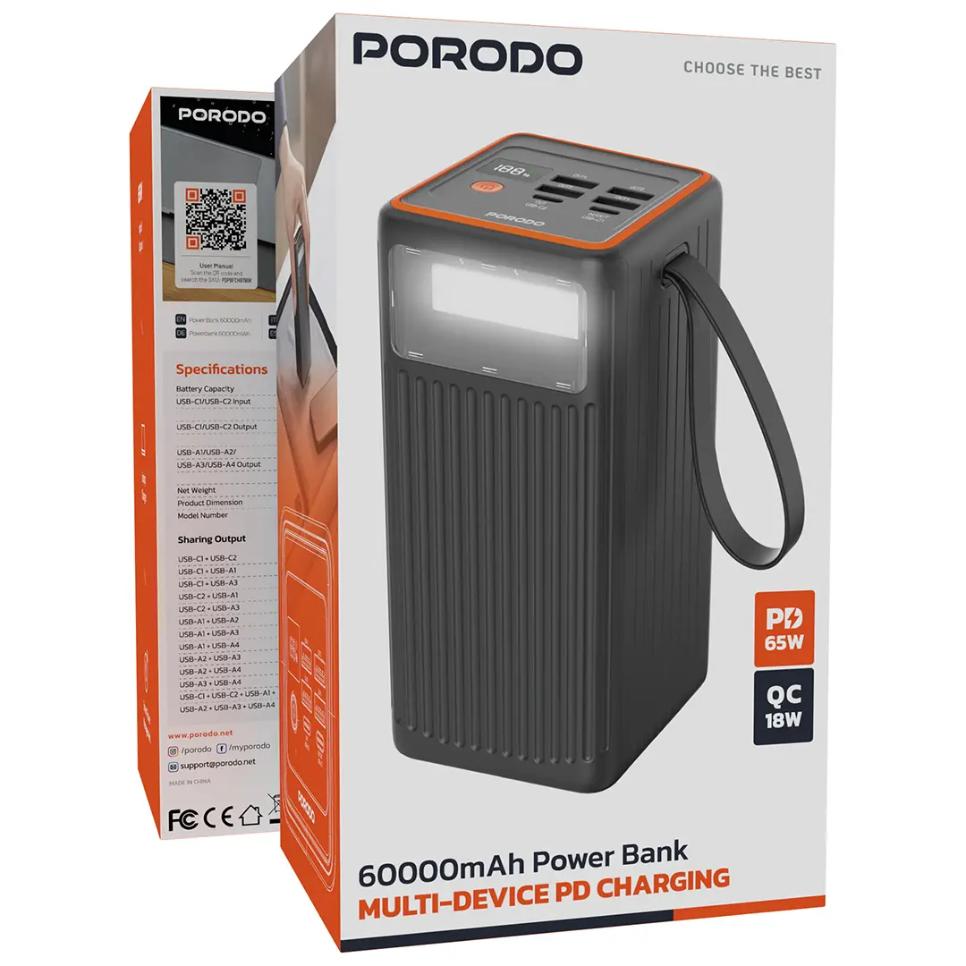 Porodo 60000mAh Power Bank Multi-Device PD Charging - Black - Image 2