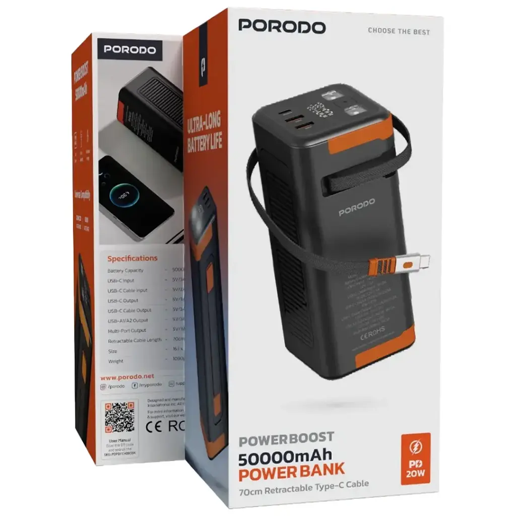 Porodo Power Boost 50000mAh Power Bank with Retractable Type-C Cable - Black - Image 3