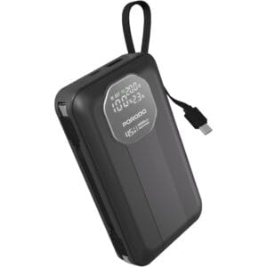 Porodo 20000mAh Power Bank, PD 45W, QC 22.5W, Dual Built-in Cable, Multi-Device Charging, LED Info Display, 114mm Detachable USB-C Cable, 155mm Retractable USB-C Cable - Black