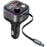Porodo Audio Boost Bluetooth FM Transmitter & 65W PD Quick-Charge Car Charger with 80cm Type-C Retractable Cable, LED Ambient Light, USB Flash, Crisp Mic, Bass Boost