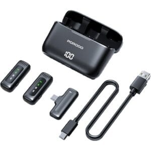 Porodo Lavalier Double Microphone With Charging Case,12H Working Time,Low-Latency,Digital Display,Plug & Play,Type-C Connector With Lightning Head Adapter,Durable Material - Black