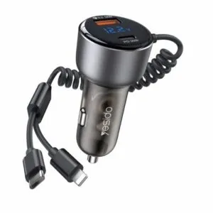 YESIDO Y58 60W Fast Car Charger – Type-C, Lightning & USB, Retractable Cable, PD/QC Fast Charging