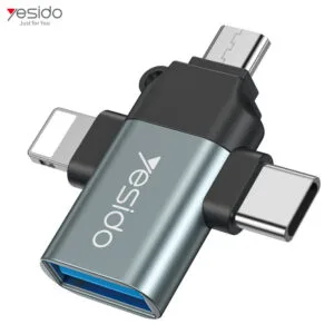 YESIDO GS15 3-in-1 OTG Adapter – USB to Type-C, Micro USB & Lightning, Data Transfer & Charging Converter