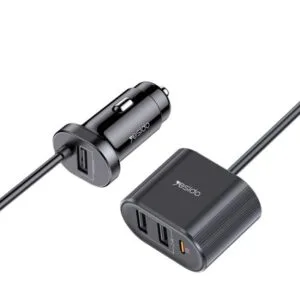 YESIDO Y41 4-Port Car Charger (PD Fast Charge, 3×USB + Type-C, 18W, 12–24V, Telescopic Cable) – Black