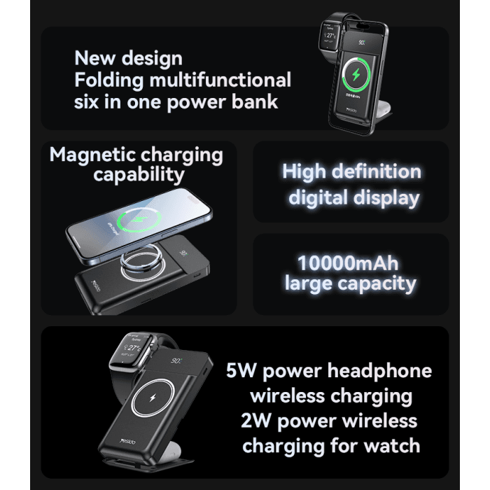YESIDO YP69 10000mAh 6-in-1 Magnetic Wireless Power Bank (15W Fast Charge, USB + Type-C, LED Display) – Black - Image 3