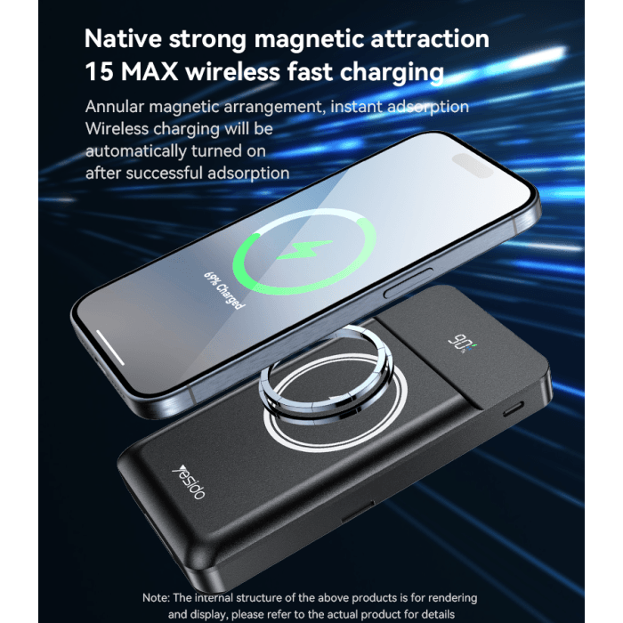 YESIDO YP69 10000mAh 6-in-1 Magnetic Wireless Power Bank (15W Fast Charge, USB + Type-C, LED Display) – Black - Image 4