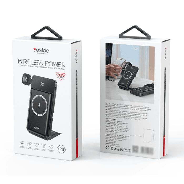 YESIDO YP69 10000mAh 6-in-1 Magnetic Wireless Power Bank (15W Fast Charge, USB + Type-C, LED Display) – Black - Image 2
