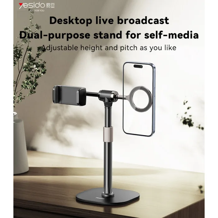 YESIDO C297 2-in-1 Adjustable Phone Holder (360° Rotation, Magnetic + Clamp, 30–46cm Height) – Black - Image 5