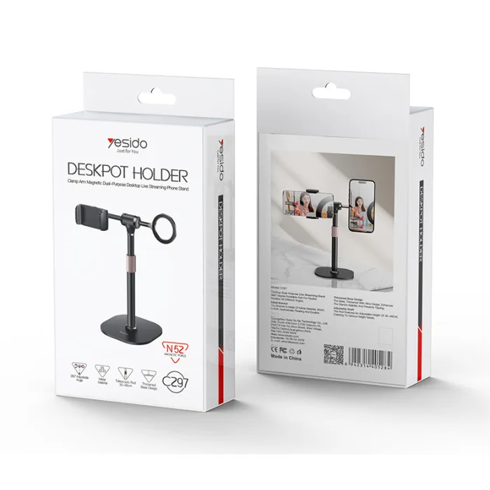 YESIDO C297 2-in-1 Adjustable Phone Holder (360° Rotation, Magnetic + Clamp, 30–46cm Height) – Black - Image 2