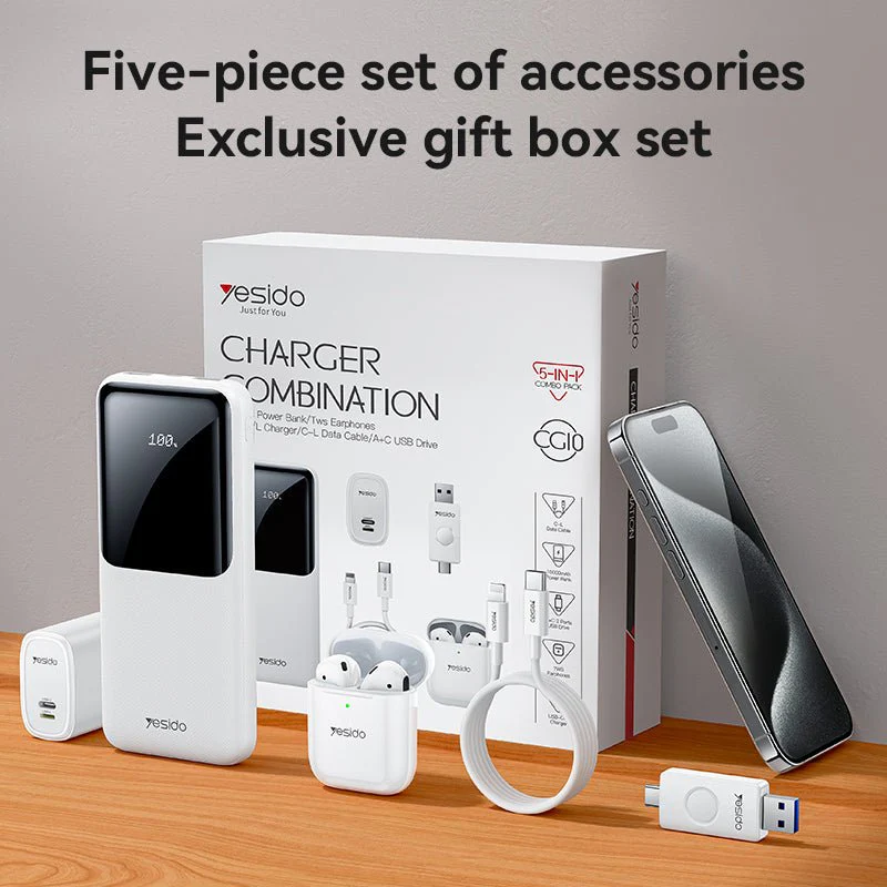 YESIDO CG10 5-in-1 Charging Bundle – 10000mAh Power Bank, TWS Earbuds, Fast Charger, Cable & USB Drive Set - Image 6