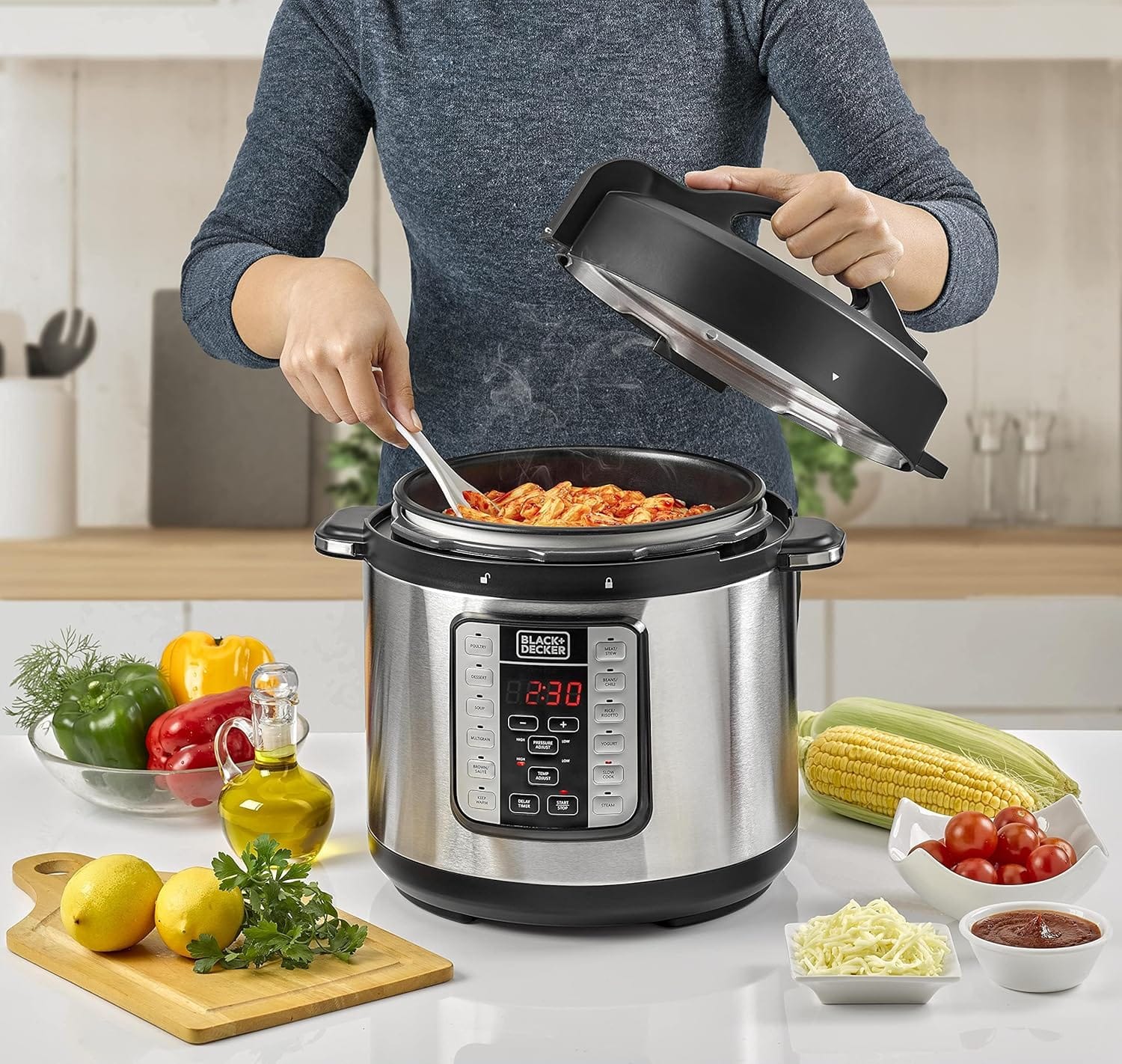 Black & Decker 1000W 6L Electric Pressure Cooker 7in1, With 12 Smart Programs 9 Safety Features Dishwasher Safe with Accessories, For Quick and Easy Meals PCP1000-B5 - Image 9