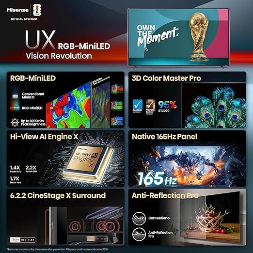 Hisense 100-Inch Premium UX Series RGB-MiniLED 4K UHD HDR Google Smart TV(100UX, 2025) - RGB MiniLED, Up to 8000 nits, 3D Color Master Pro, Native 165Hz Panel, 6.2.2 CineStage X - Image 9