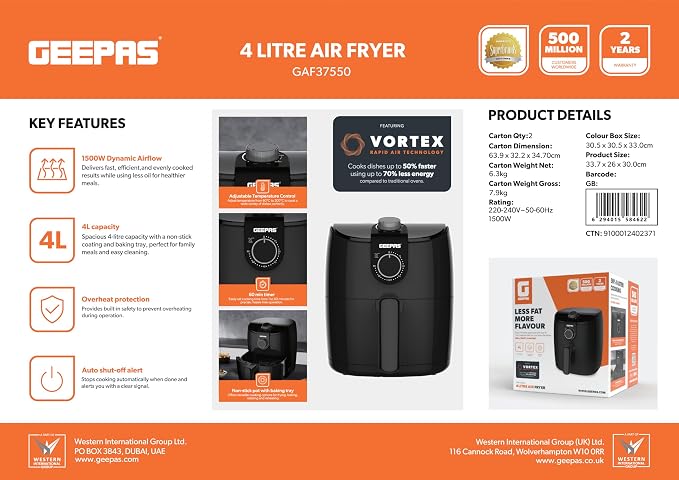 Geepas 4 Litre Air Fryer 1500W with Vortex Rapid Air Technology | Adjustable Temperature Control | 60-Minute Timer | Auto Shut-Off & Overheat Protection | Less Oil Cooking (GAF37550) - Image 5