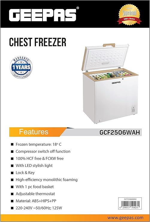Geepas Chest Freezer GCF2506WAH, Freestanding Chest Freezer|| 250L Deep Freezer with Adjustable Thermostat - Image 2