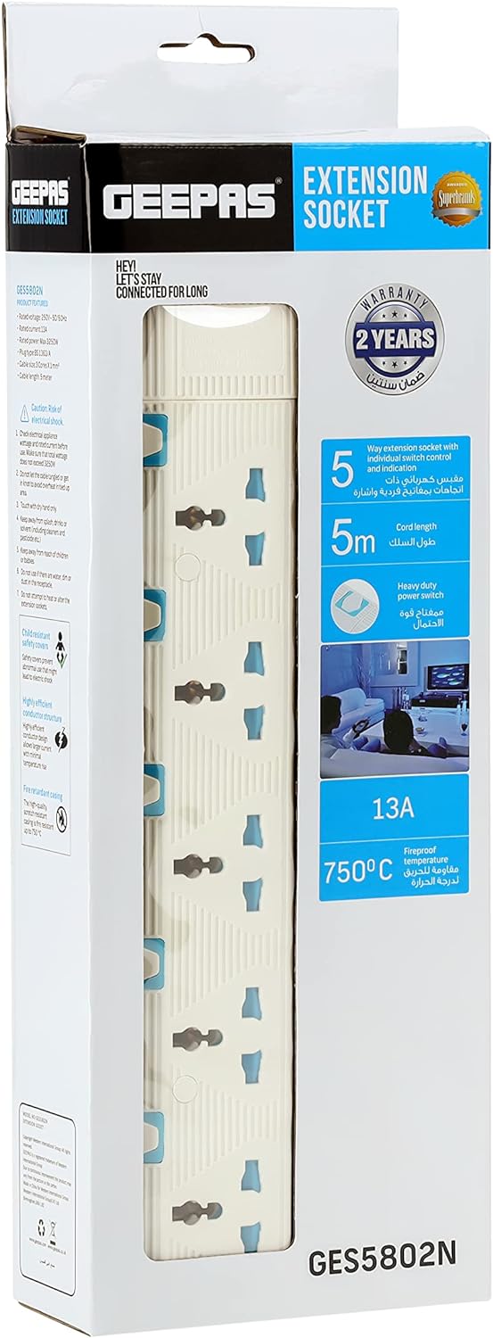 Geepas 5 Way Extension Socket with Individual LED Power Switches | 5M Heavy Duty Extension Cable | 13A Overload Protection | GES5802 - Image 6