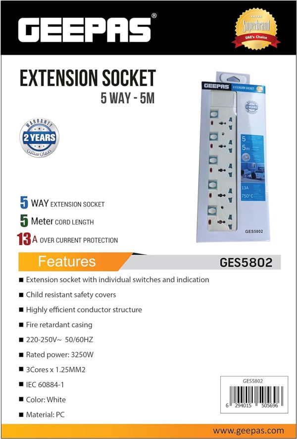 Geepas 5 Way Extension Socket with Individual LED Power Switches | 5M Heavy Duty Extension Cable | 13A Overload Protection | GES5802 - Image 8