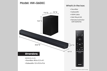 Samsung Q-Series Soundbar HW-Q600F 3.1.2ch with Wireless Subwoofer, Dolby Atmos/DTS Virtual:X, Q-Symphony, SpaceFit Sound Pro, Adaptive Sound, Game Mode Pro, Bluetooth, (2025 Model) - Image 2