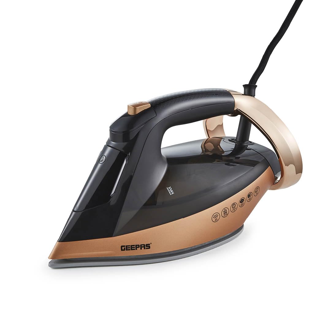 Geepas Auto Temperature Steam Iron- GSI24034UK/ Non-Stick Ceramic Coated Soleplate, Comfortable Handle with Multiple Functions,360 Degree Rope Guard