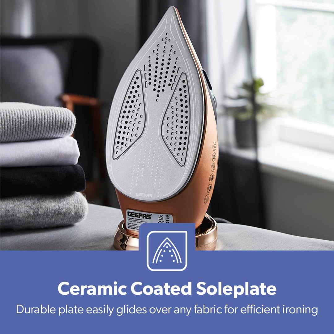 Geepas Auto Temperature Steam Iron- GSI24034UK/ Non-Stick Ceramic Coated Soleplate, Comfortable Handle with Multiple Functions,360 Degree Rope Guard - Image 5